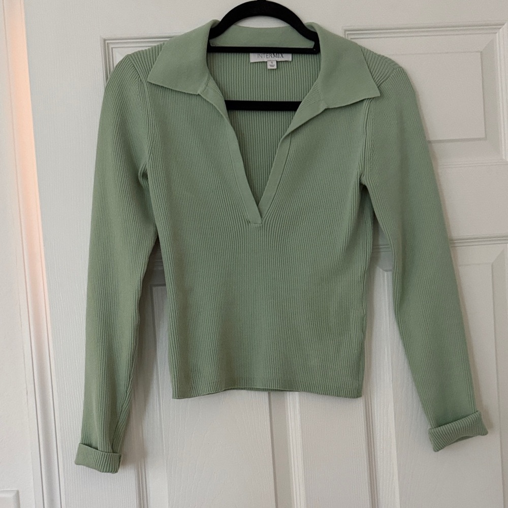 Mint Green Ribbed Collared Top - image 1